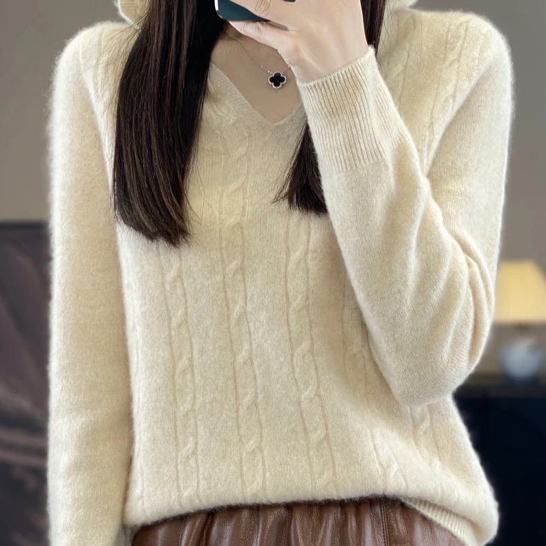 100纯羊毛针织显瘦减龄扭花帽衫时尚上衣D320清