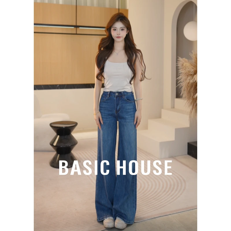 Basic House/百家好秋季新款蓝色百搭阔腿显瘦牛仔裤B1195B58B82