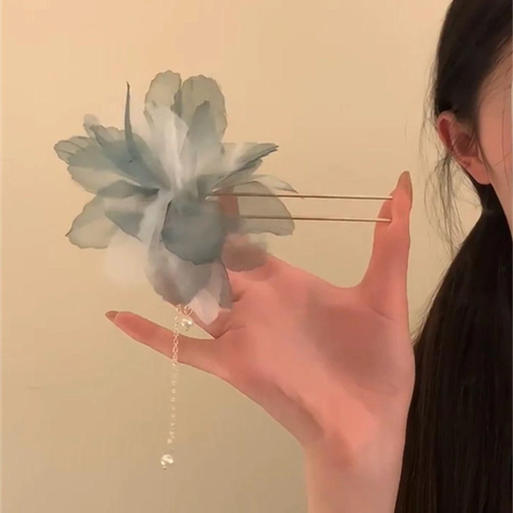 古风花朵头饰~超仙复古雪纺花朵珍珠流苏u型发簪子气质新中式发簪