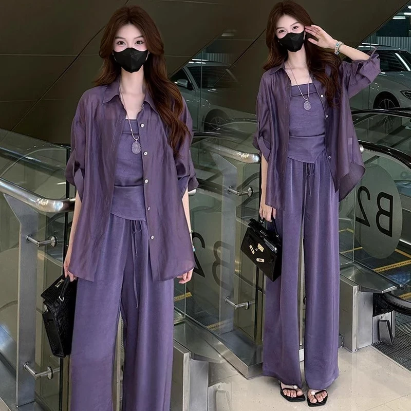 时尚套装女2025夏季新款洋气质显瘦防晒衬衫吊带阔腿裤休闲三件套