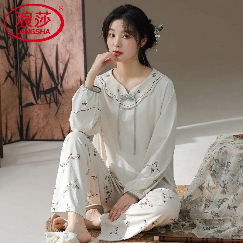 浪莎新中式国风睡衣女春秋新款纯棉长袖套头款可外穿秋冬季家居服