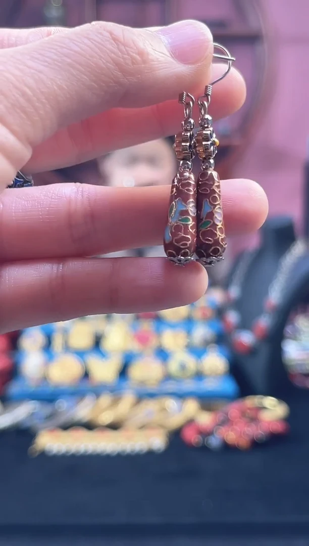 非遗 景泰蓝   水滴 耳环 红色