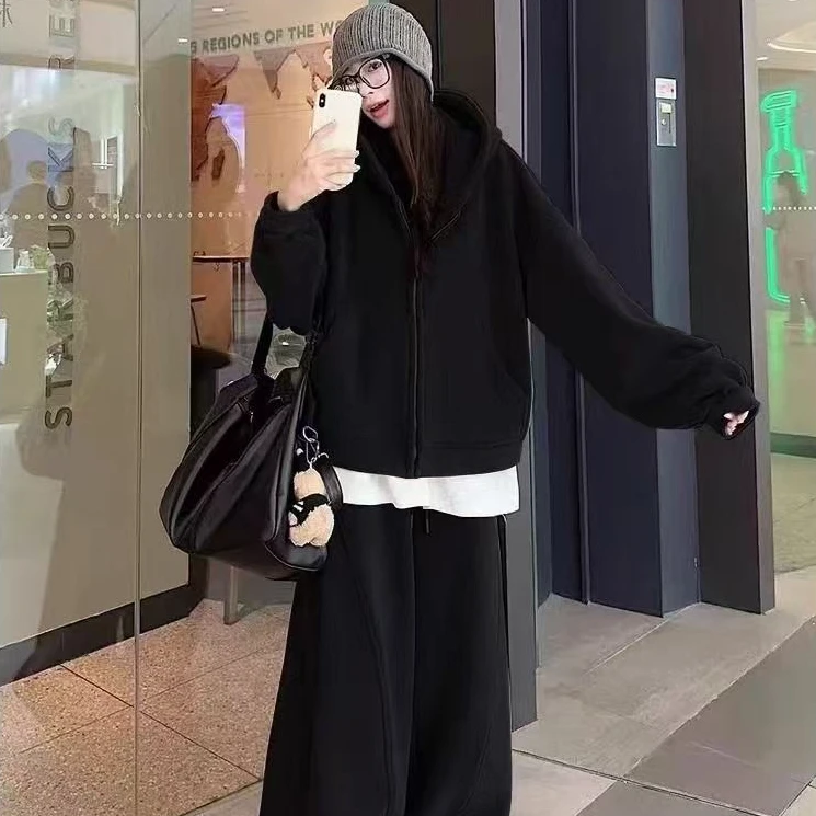 叮叮家【凝聚空气】慵懒风高克重百搭显瘦运动外套+阔腿休闲裤套装