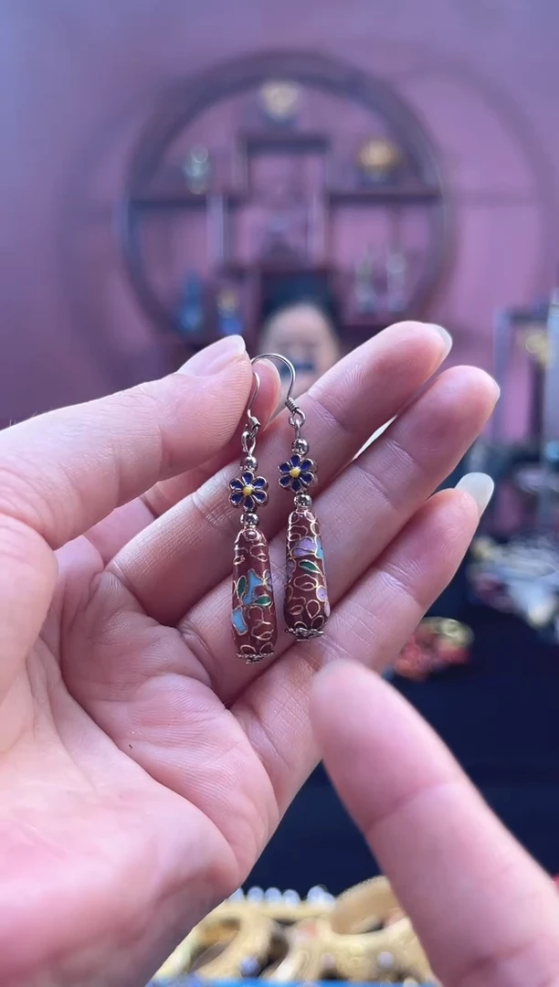 非遗 景泰蓝耳饰 砖红水滴