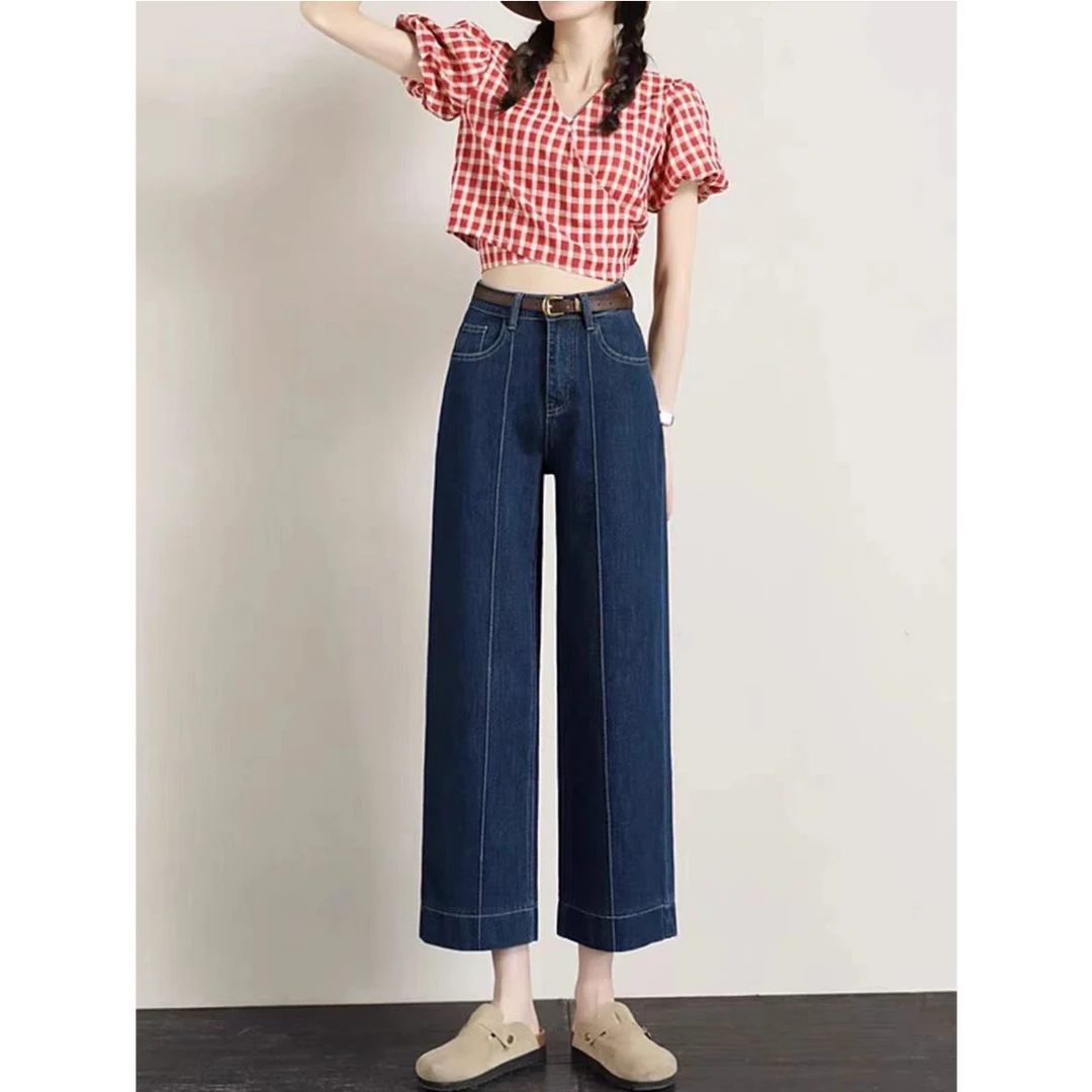 桃花 丹宁色阔腿牛仔裤女春新款高腰显瘦宽松垂感九分直筒休闲裤