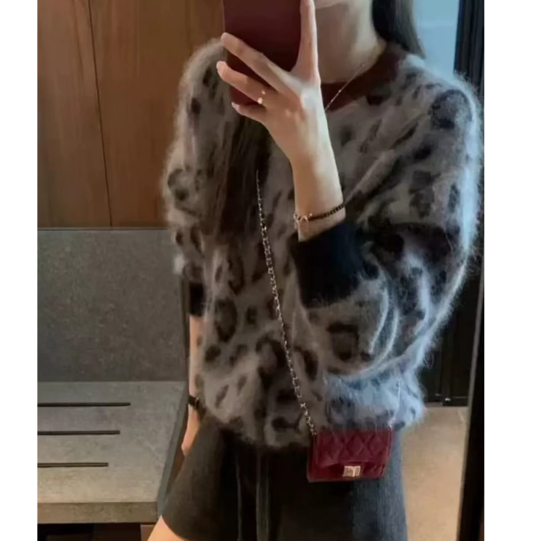 【专属】~豹纹绵羊毛长袖开衫宽松秋冬单排扣设计感针织衫