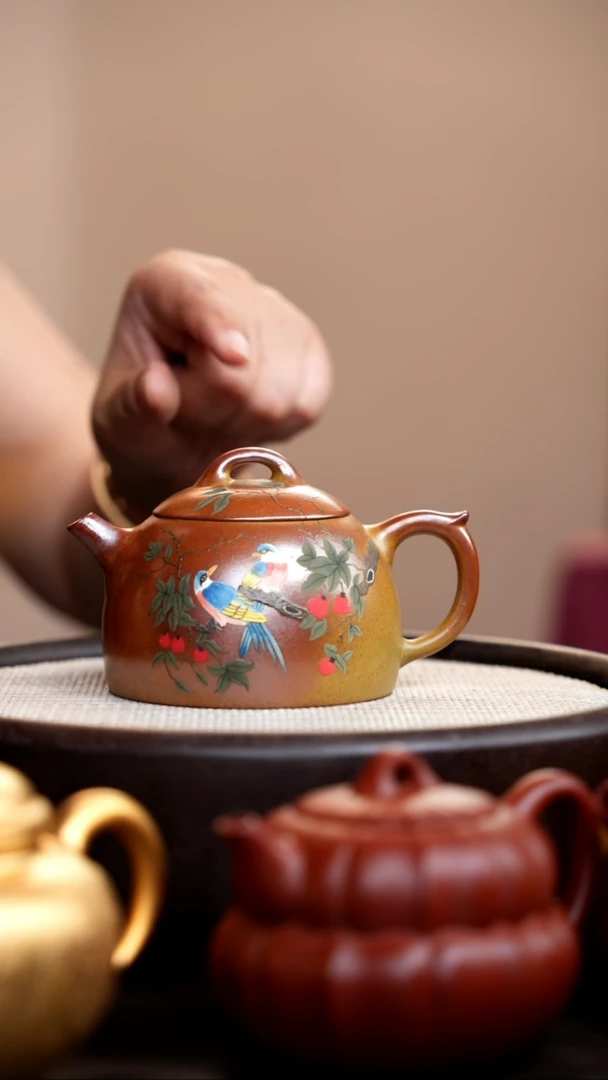 茶壶紫砂柴烧矮秦权泥绘双鸟