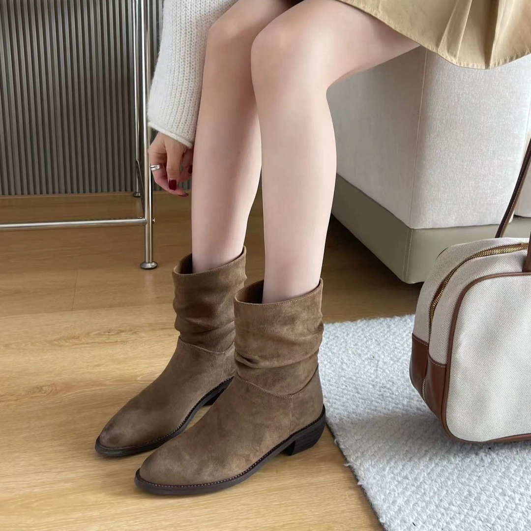 3399复古堆堆鞋2024新款百搭粗跟西部牛仔短靴