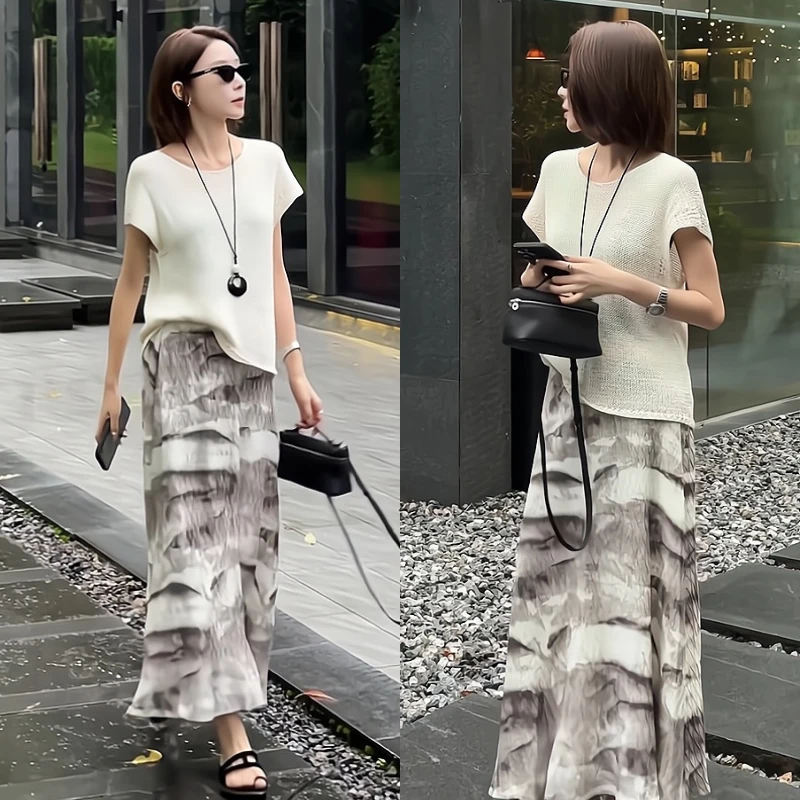 夏季2025新款一整套女装韩系轻熟风气质显瘦针织T恤水墨半裙套装
