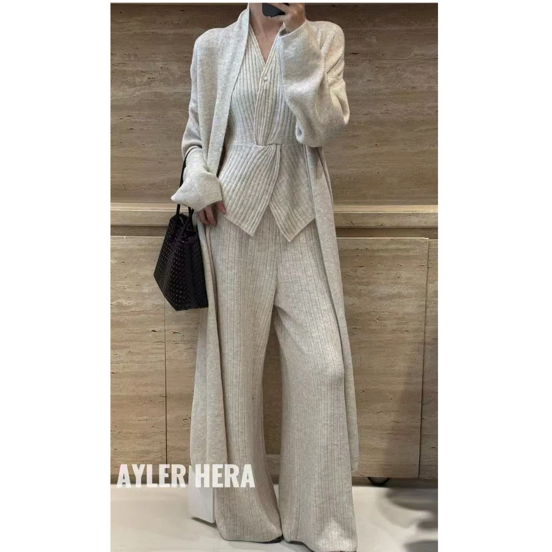 老钱风坑条针织V领马甲中长款开衫女秋高腰显瘦休闲裤三套装