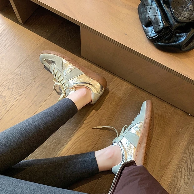 工厂店女鞋~软底拼色圆头系带厚底板鞋新款显瘦运动休闲德训鞋女