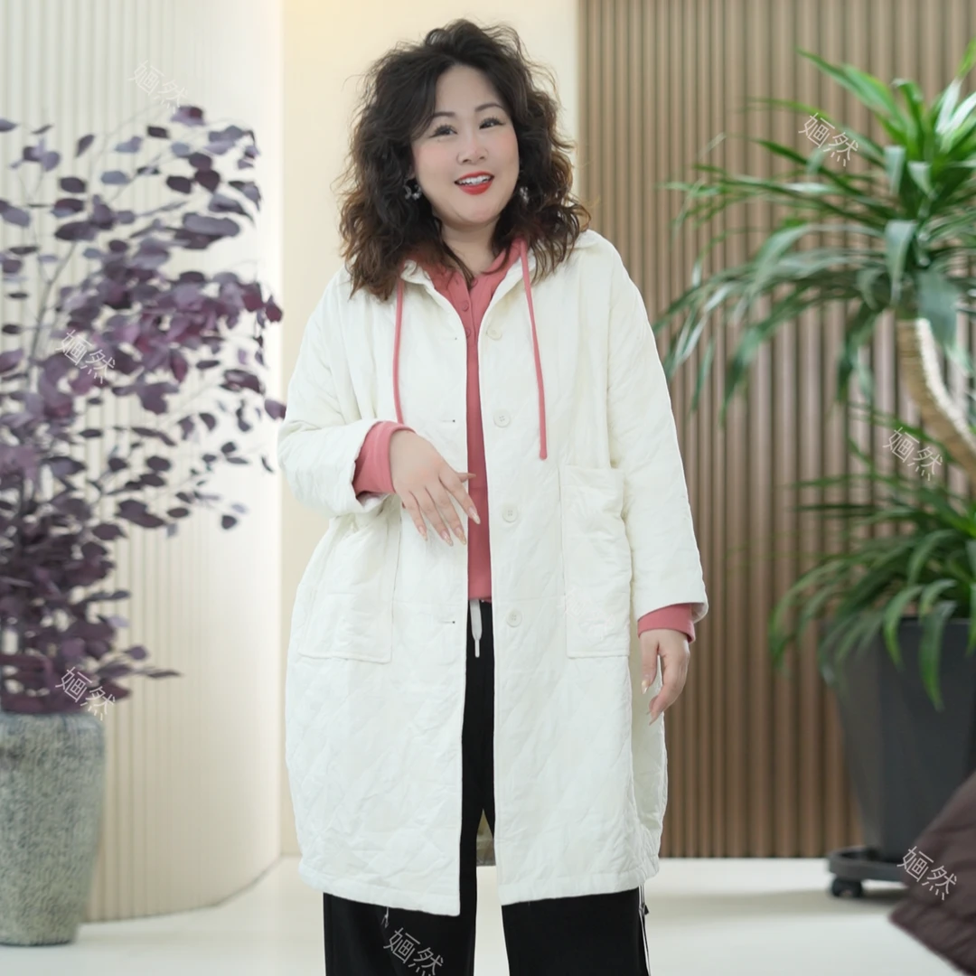 茧型富贵格夹丝棉外套大码阔版时尚翻领中长款风衣秋季薄款棉服女