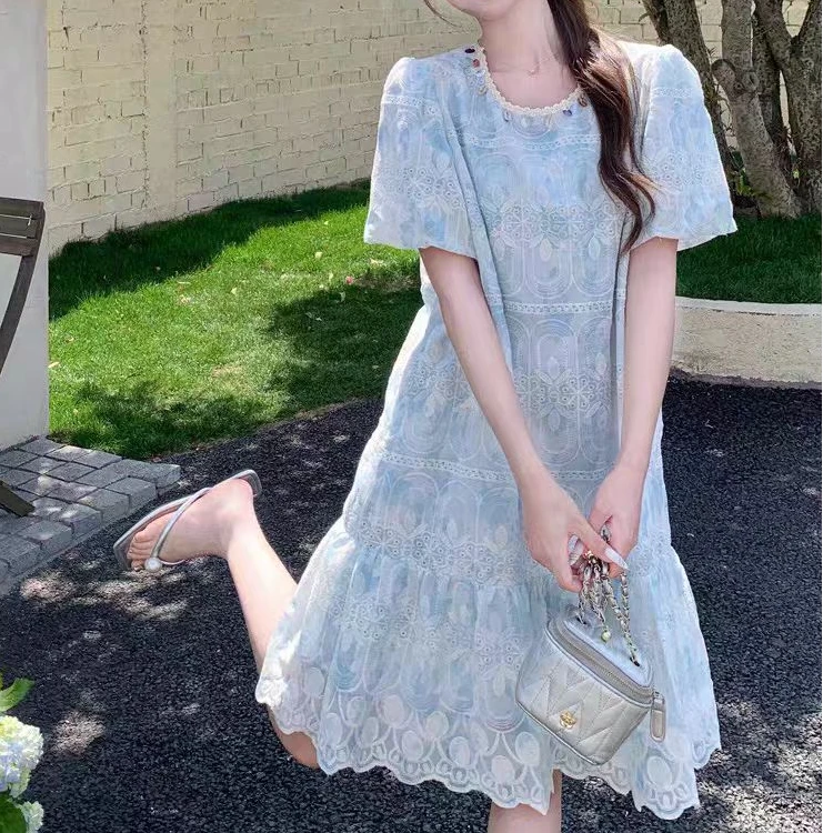 8830-C-简约纯色显瘦遮肉刺绣贝壳晕染大码女装连衣裙