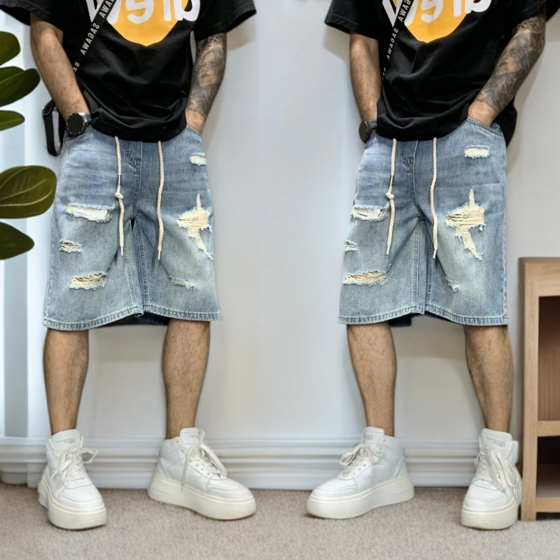 2025夏季潮牌乞丐破洞牛仔短裤男五分裤新款马裤薄款中裤子潮男裤
