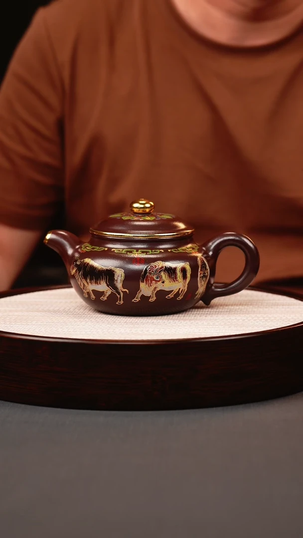 茶壶紫砂石红珐琅彩五牛仿古