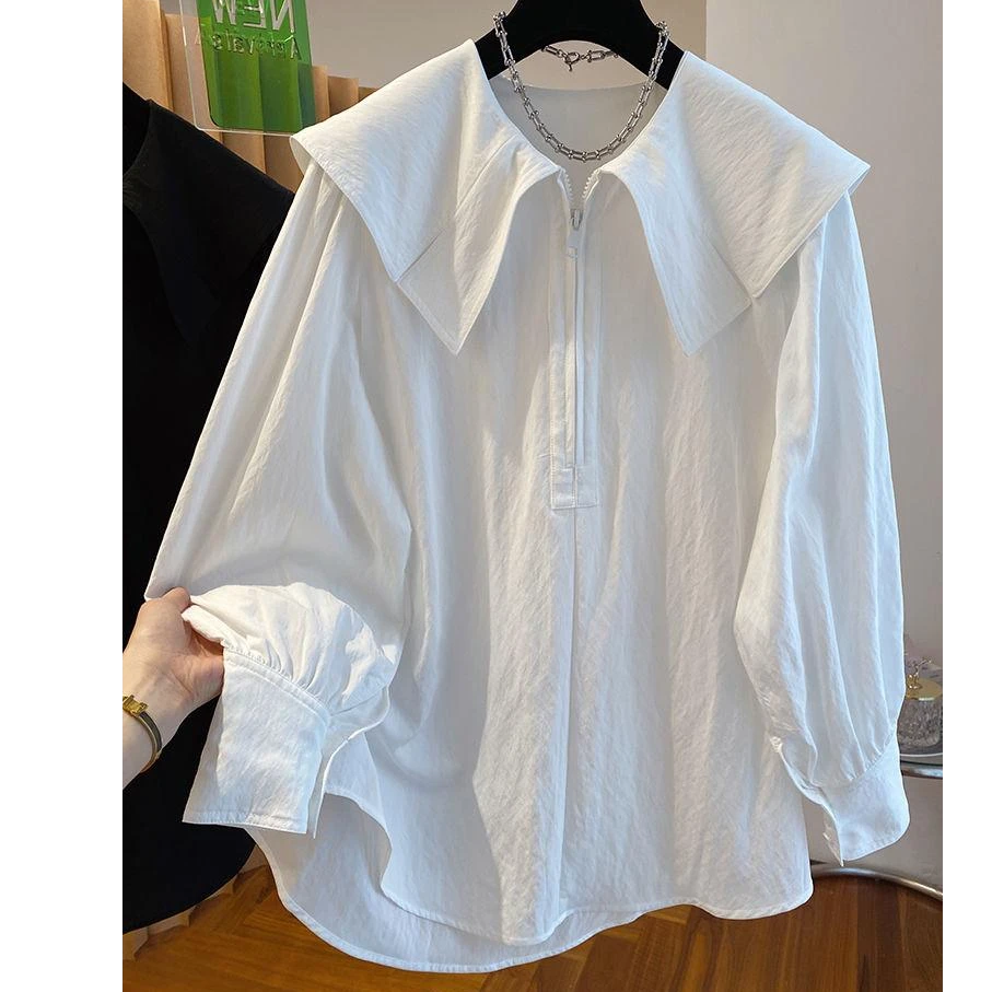高级感白色大翻领衬衫女2025春季新款宽松中长款漂亮娃娃领上衣潮