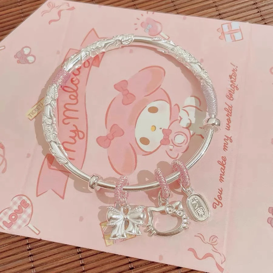 足银手镯 繁花似锦Kitty猫纯银手镯999足银实心镯子情人节送女友