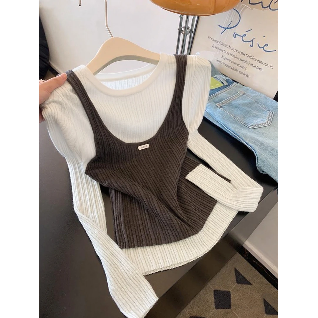 叠穿假两件长袖针织衫女2025新款修身显瘦上衣韩系氛围感早秋穿搭