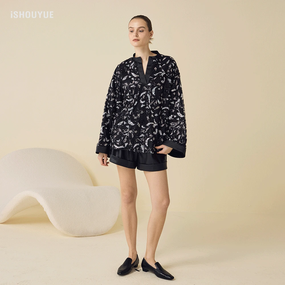iSHOUYUE · 璀璨工坊重工刺绣珠片时尚新中式宽松喇叭袖上衣