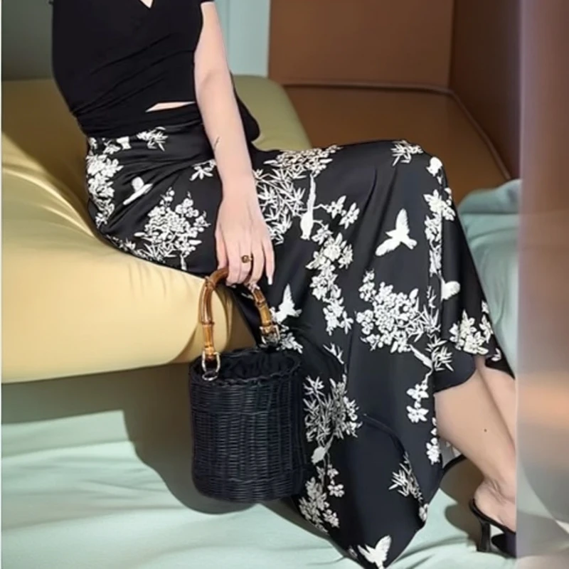 时尚水墨印花高腰显瘦半身裙女夏季新款气质时髦鱼尾裙中长款包裙