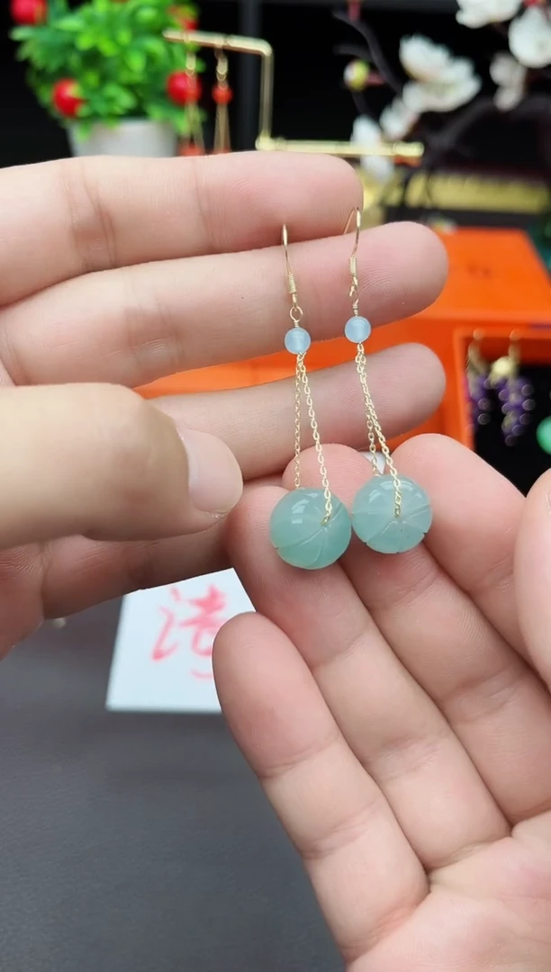 石英质玉（天山翠）银S925镶嵌耳饰F08