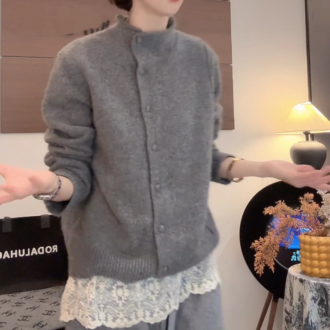 设计感单排扣纯色立领毛衣外套女2025秋冬新款修身显瘦针织开衫