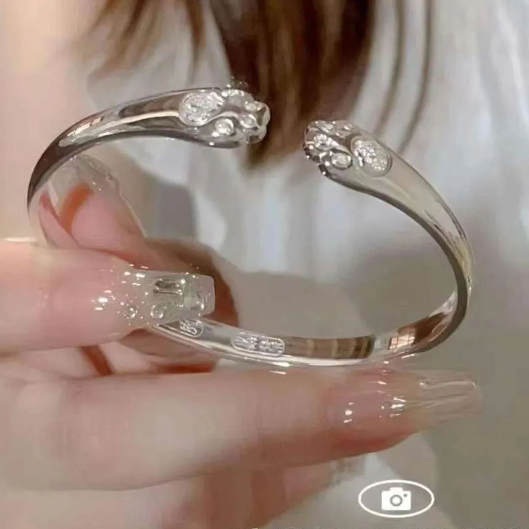 足银手镯 新款猫爪足银实心手镯镯子俏皮可爱开口可调节