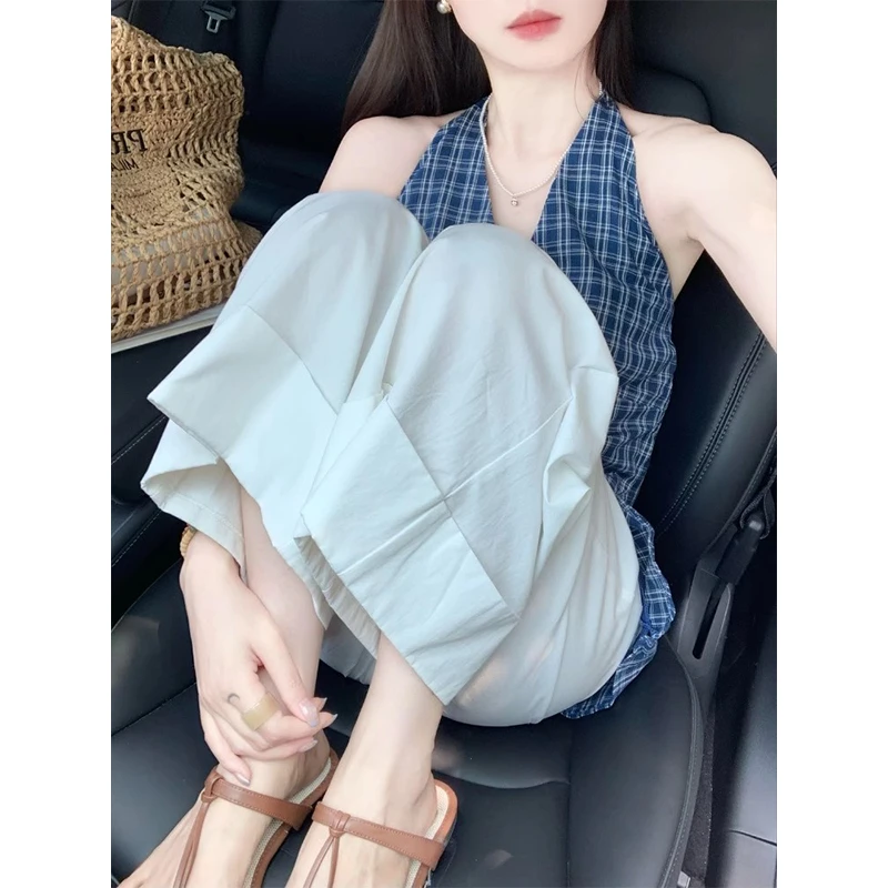 2025超火夏装一整套巨好看的蓝色格纹挂脖上衣女士休闲阔腿裤套装