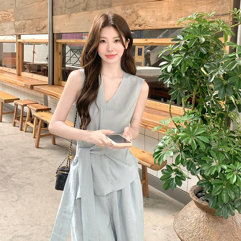 女装套装亚麻高端洋气韩系2025夏日新款无袖背心阔腿裤两件套