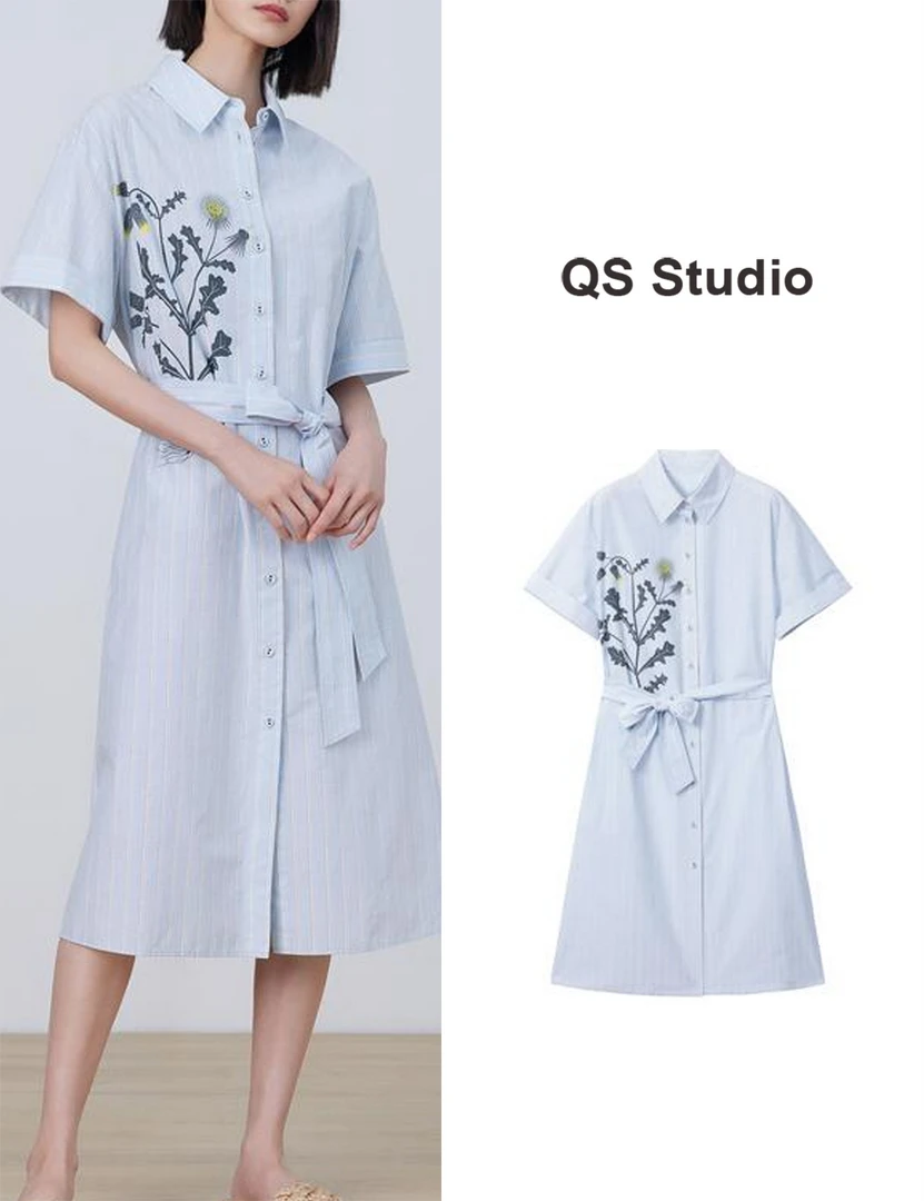 （千树专属）中长裙V领优雅风连衣裙宽松梭织裙子设计师印花中长款