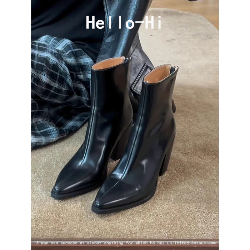 牛皮版~复古瘦瘦靴女英伦粗跟秋冬尖头切尔西靴百搭气质高跟短靴