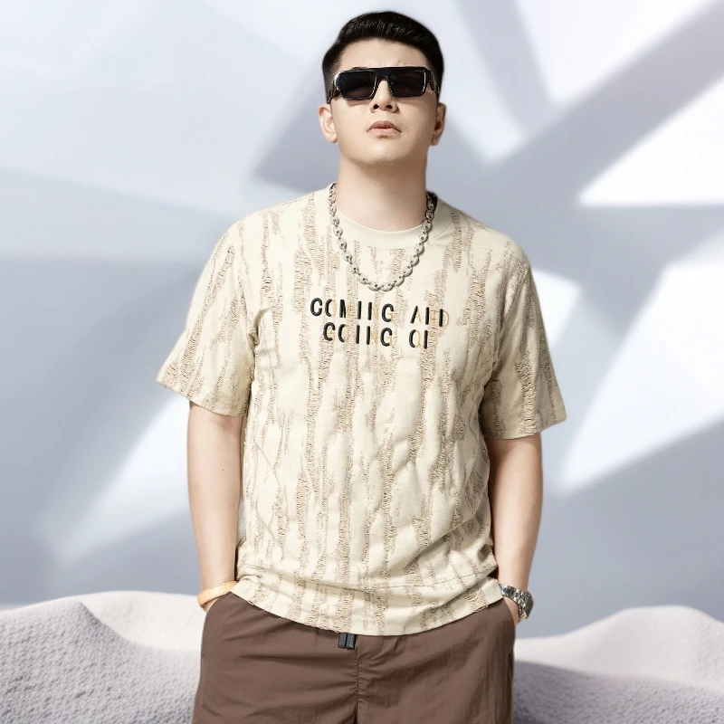 宾斯洛特美式短袖t恤男士夏季新款时尚破洞字母刺绣宽松半袖男