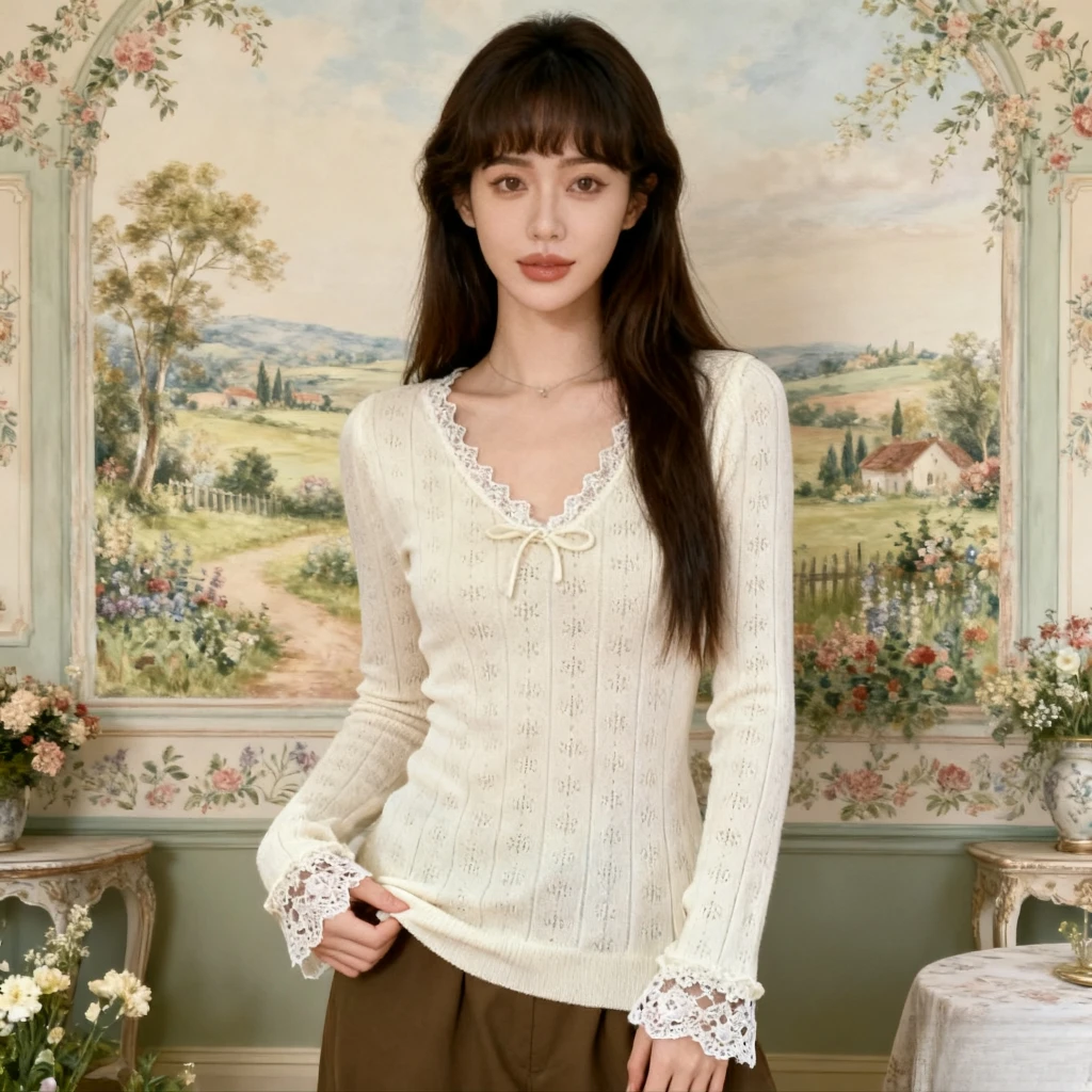 大码女装针织衫早秋氛围感穿搭蕾丝上衣韩系v领修身显瘦长袖毛衣