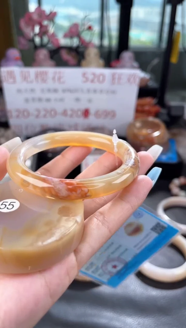 石英质玉手镯未镶嵌天然樱花玛瑙手镯57