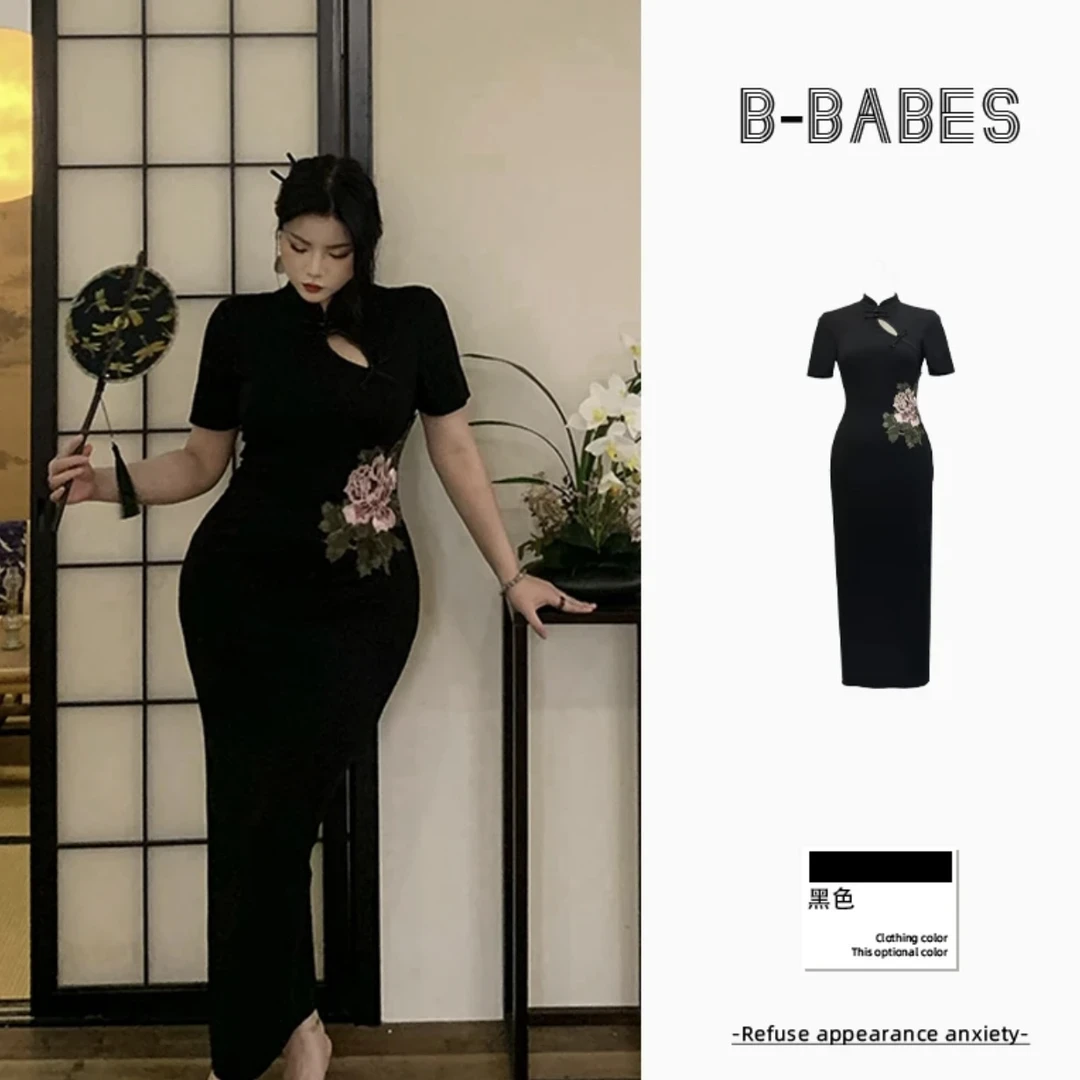 大码【牡丹花语】复古新中式改良牡丹旗袍微胖显瘦小众黑色长裙1189