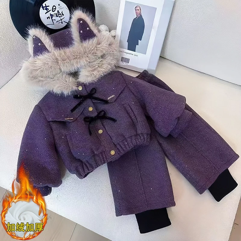 女童加绒猫耳毛呢外套阔腿裤套装冬装2025新款一体绒毛领大衣可爱