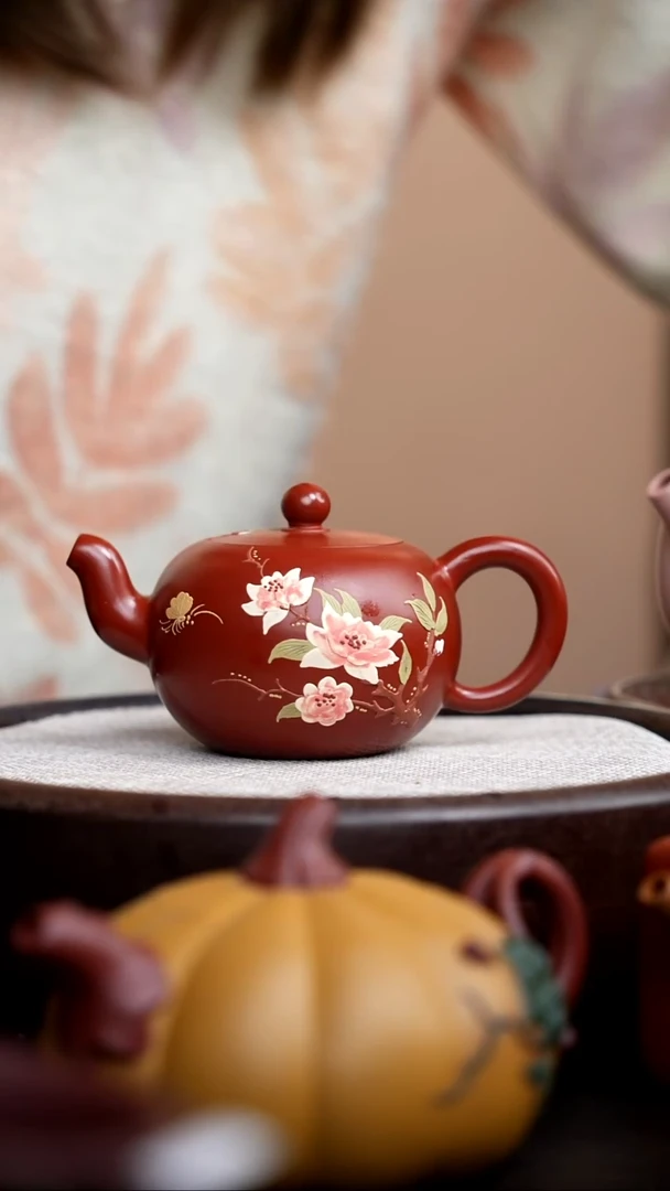 茶壶紫砂朱泥一粒珠泥绘三花006