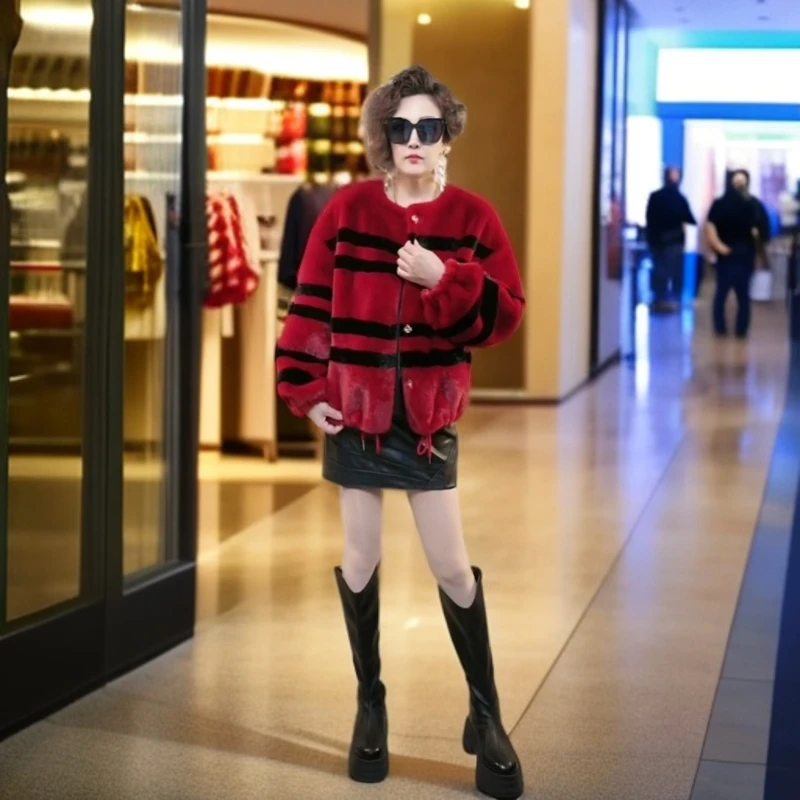 海宁正品撞色气质短款外套宽松圆领洋气时尚秋冬加绒百搭6801冬季