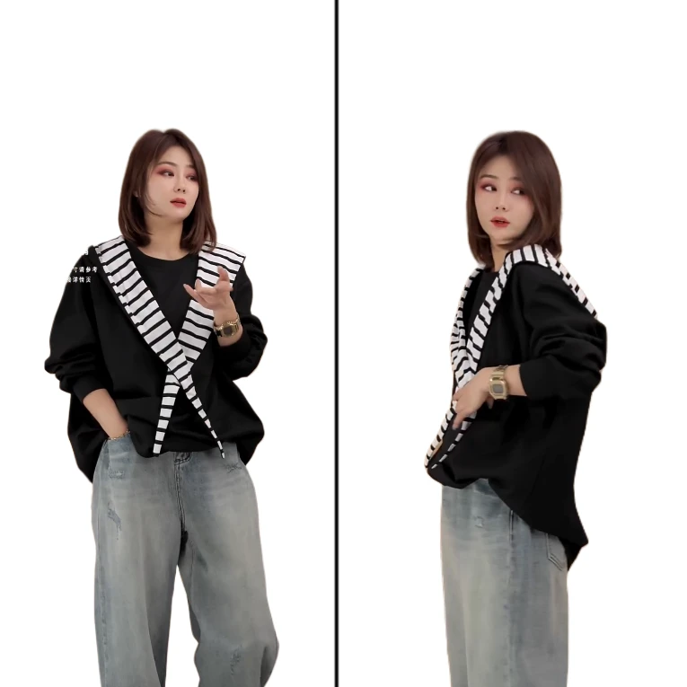 小韩日记【披肩大衫】大码长袖上衣连帽韩版假两件宽松休闲春秋8901