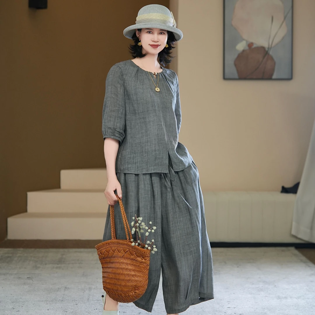 【芙澜卡尔】圆领气质款套装镶珠定制款衬衣夏款时尚中老年女装