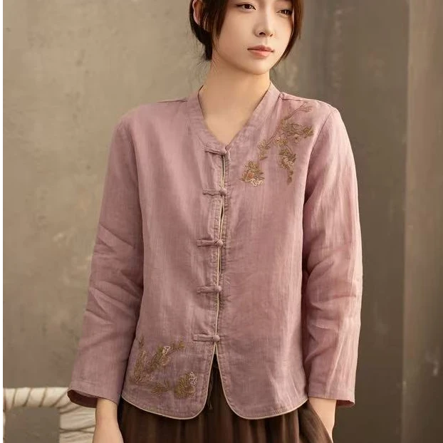 2025春季新款复古新国风文艺减龄时尚洋气刺绣苎麻长袖百搭小衫