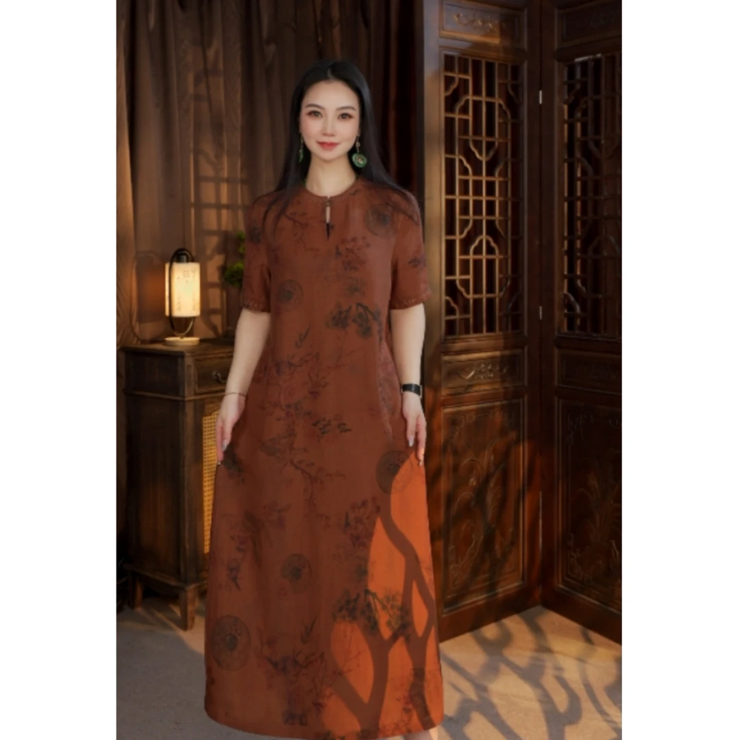 新款时尚气质宽松红云纱双面双穿桑蚕丝连衣裙25221