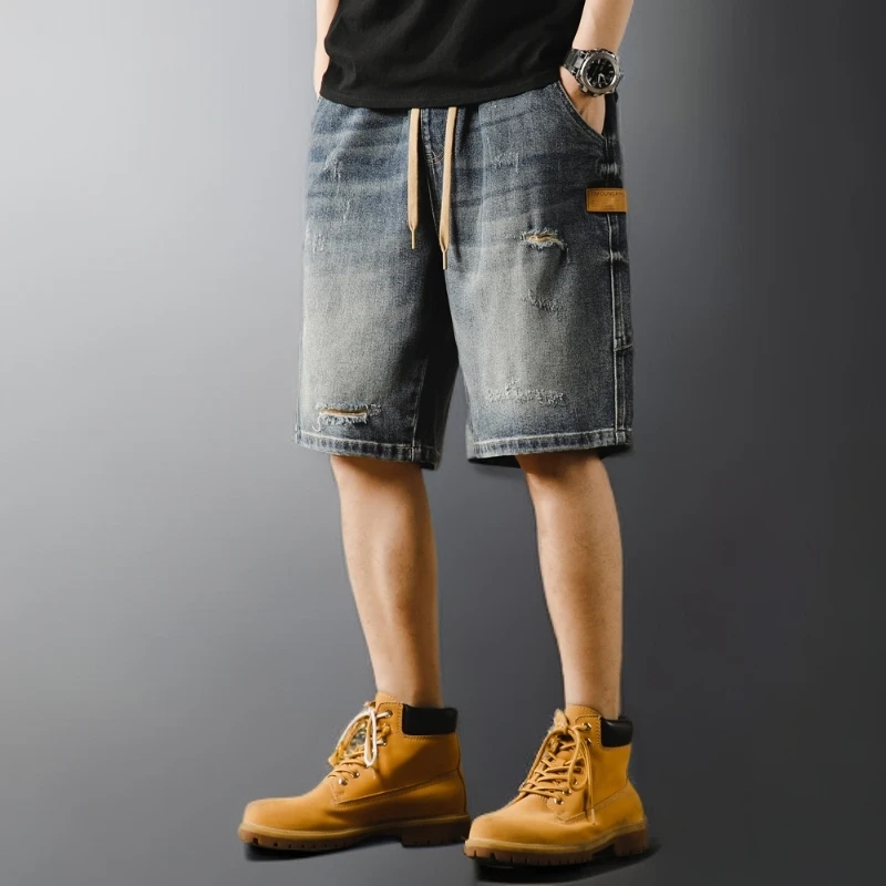 美式休闲复古乞丐破洞牛仔短裤男宽松大码痞帅五分裤夏季薄款中裤