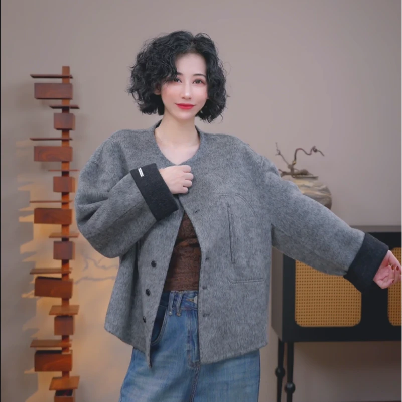 新款小香风羊毛外套女小个子撞色减龄保暖外套C7807