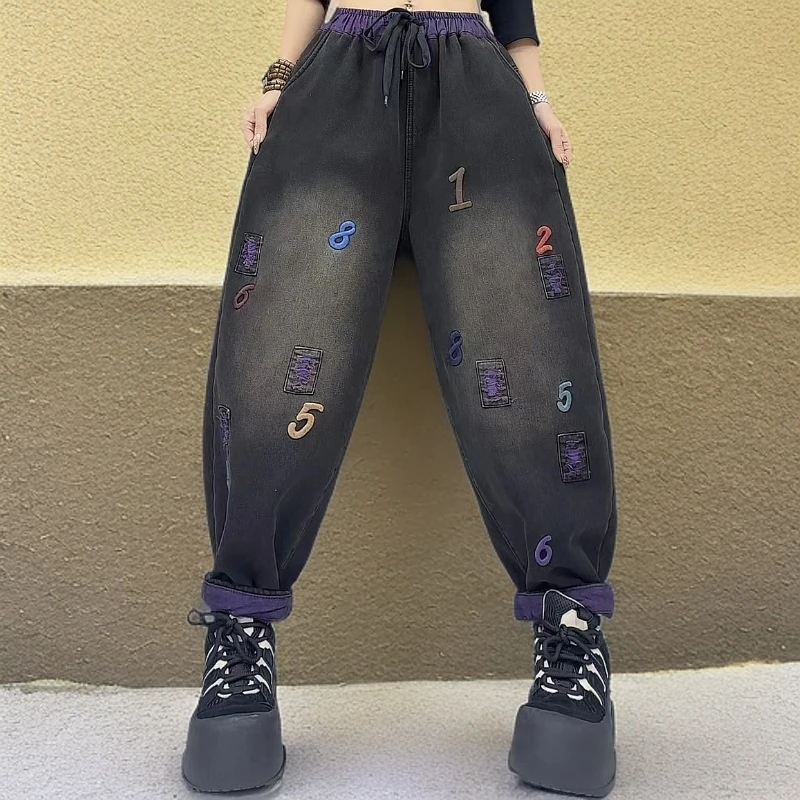 2024加绒加厚数字款冬季宽松厚百搭高腰休闲松紧水洗哈伦裤牛仔裤
