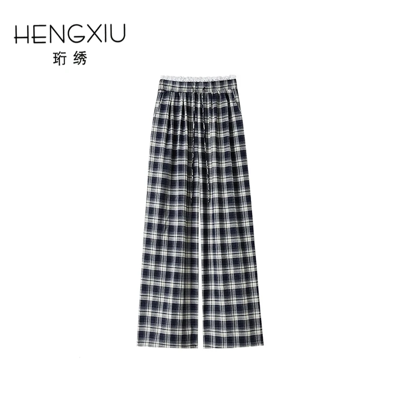 珩绣2025新款蕾丝复古格子裤女高腰显瘦设计感直筒阔腿裤X-554