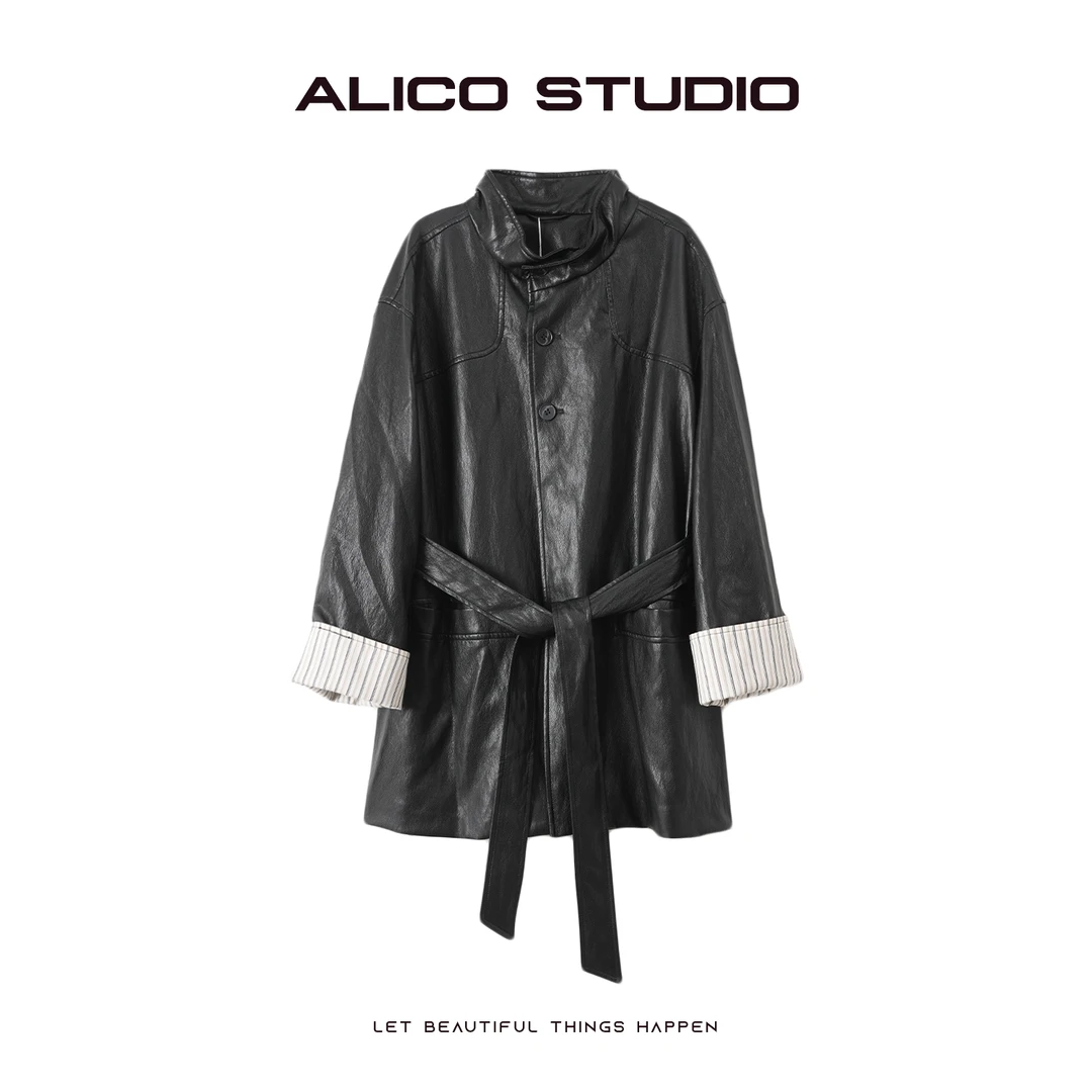 ALICO大衣皮衣嘻哈洗皮立领女士长袖宽松型设计师