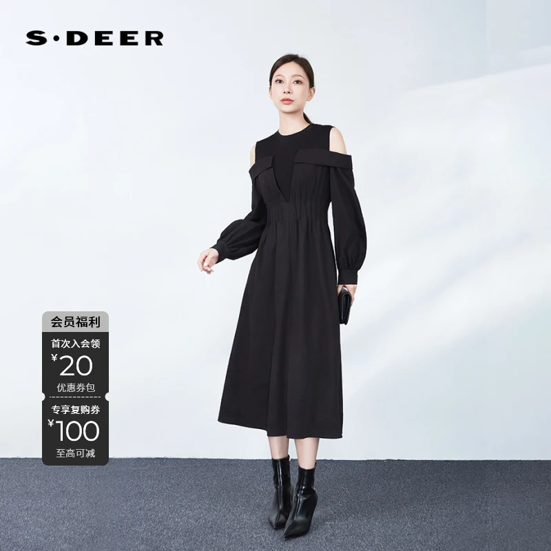 S·DEER圣迪奥女装露肩显瘦气质通勤收腰不规则连衣裙时尚秋冬