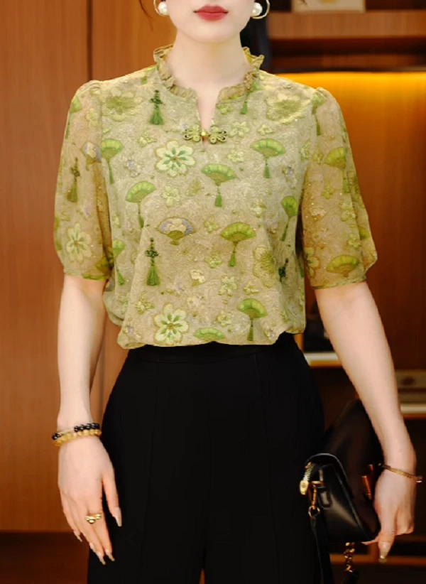 古典雅韵-新款上衣百搭时尚气质v领印花洋气经典高级