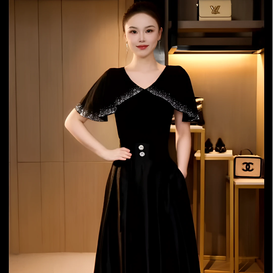 DY25X-675 夏季新款网纱时尚V领镂空重工荷叶边烫钻百搭女气质